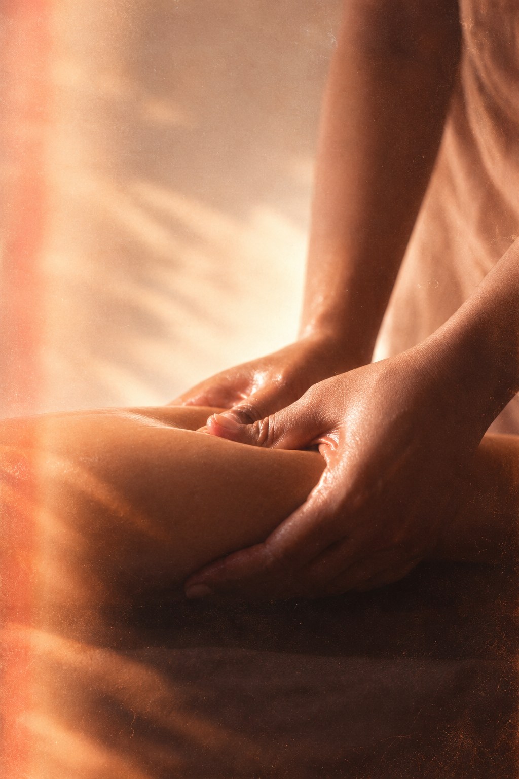 Des mains massent une jambe dans une lumière chaude et dorée