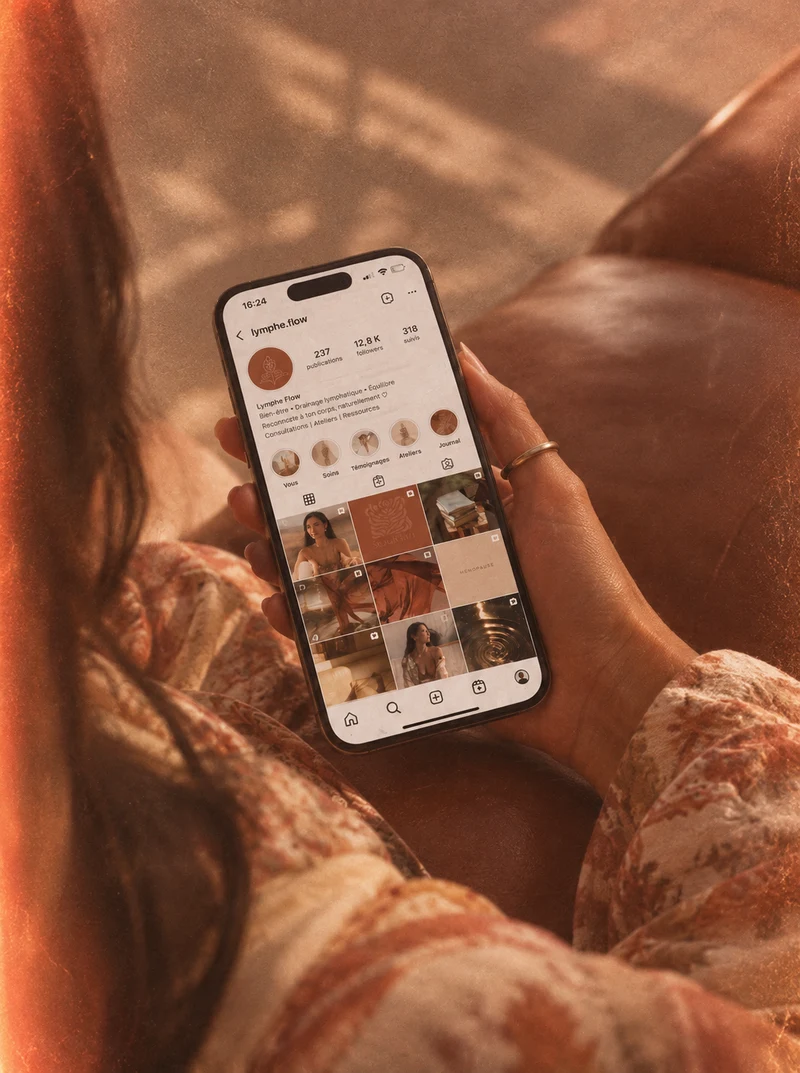 Un téléphone affichant un profil Instagram, tenu dans une lumière chaude
