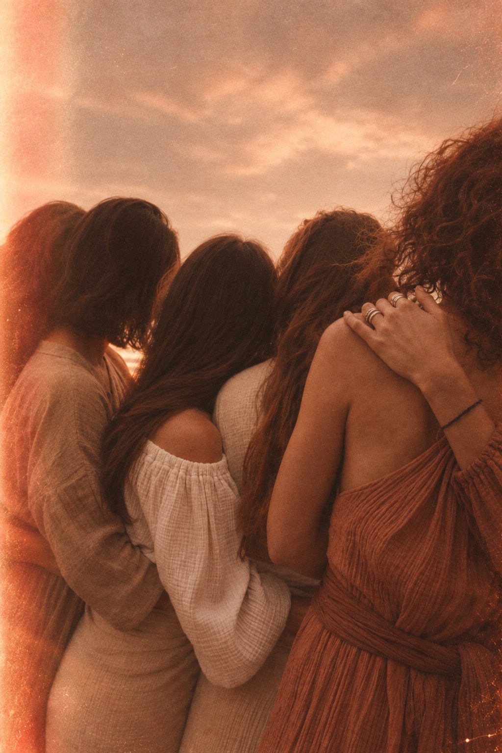 Un groupe de femmes de dos, réunies dans une lumière chaude et dorée